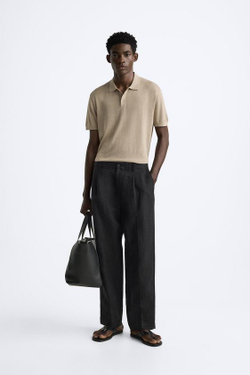 ZARA ТРИКОТАЖНОЕ ПОЛО ИЗ ХЛОПКА И ШЕЛКА, БЕЖЕВЫЙ