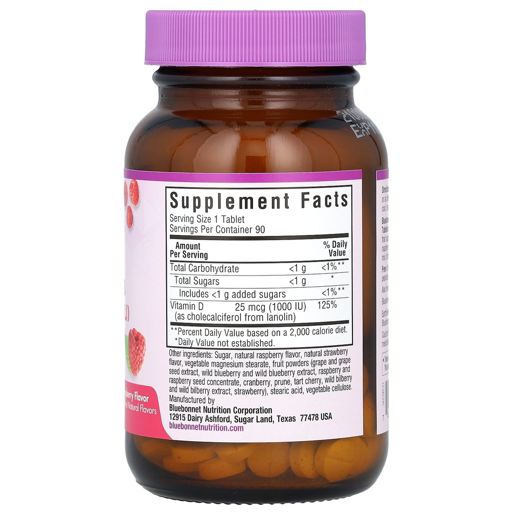 Bluebonnet Nutrition, EarthSweet®, витамин D3, малина, 25 мкг (1000 МЕ), 90 жевательных таблеток
