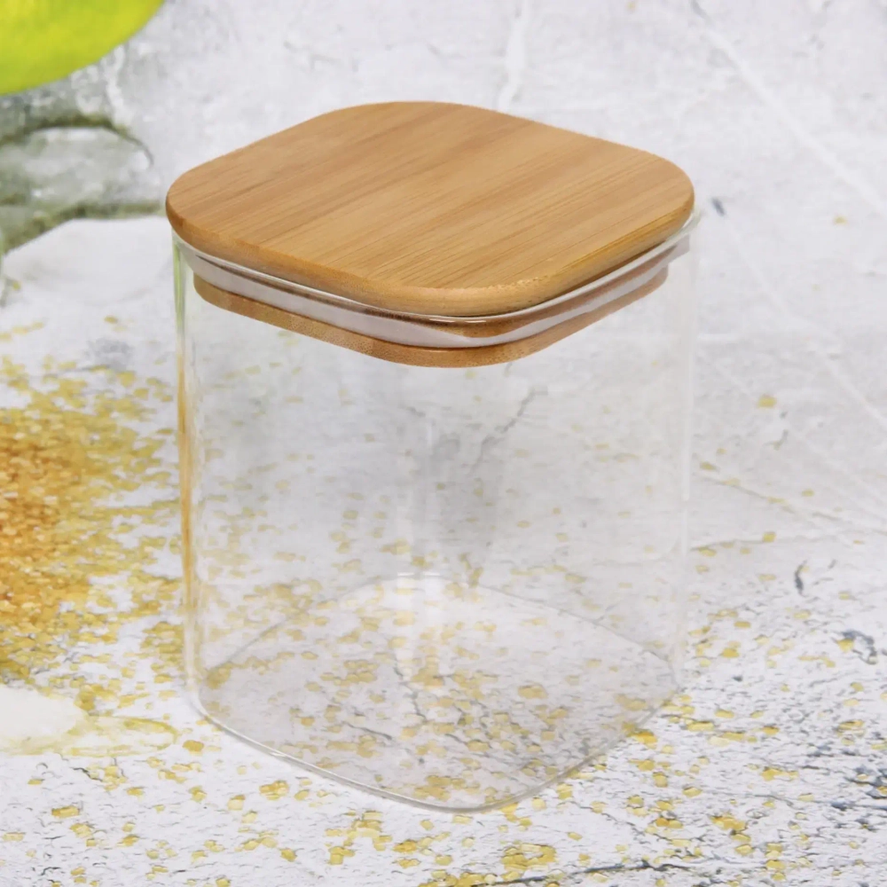 Банка для продуктов стеклянная 700мл «Хай-Тек» с бамбуковой крышкой, квадратная 10*12см