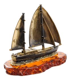 Народные промыслы AM-1969 Фигурка «Яхта-Волна» (латунь, янтарь)
