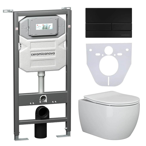 Комплект подвесной безободковый унитаз Ceramica Nova Play + инсталляция с клавишей смыва, чёрная матовая CN3001_1002B_1000