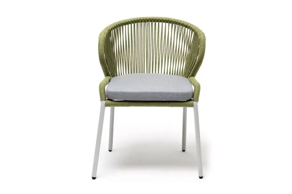"Милан" стул плетеный из роупа, каркас алюминий светло-серый (RAL7035) муар, роуп салатовый меланж круглый, ткань светло-серая