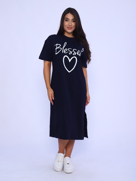 Платье-футболка с разрезами миди трикотажное 116-ОДТ, Т.Синий/blessed