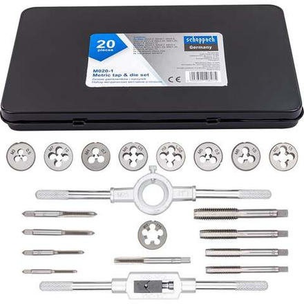 Набор метчиков и плашек Scheppach метрический 20 предметов (М3x0.5, М4x0.7, М5x0.8, М6x1, М7x1, М8x1.25, М9x1.25, М10x1.5, М12x1.75) Sch-M020-1(64905)