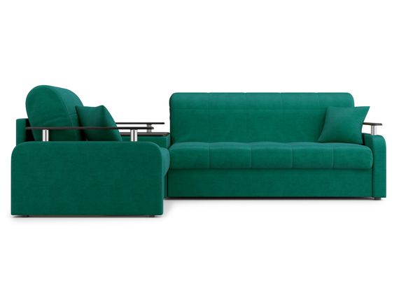 Диван угловой с Баром Денвер 1,8 - Velutto 33 изумрудный/  коричневая накладка