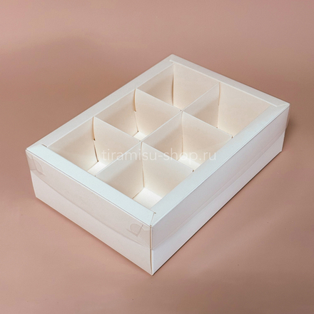 Коробка для десертов на 6 ячеек с пластиковой крышкой 24 х 17 х 7 см, белая
