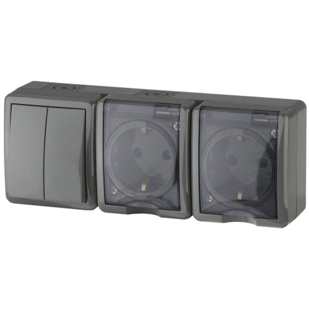 Блок две розетки + выключатель ЭРА Эксперт 11-7404-03 двойной IP54 16A-10AX-250В ОУ серый