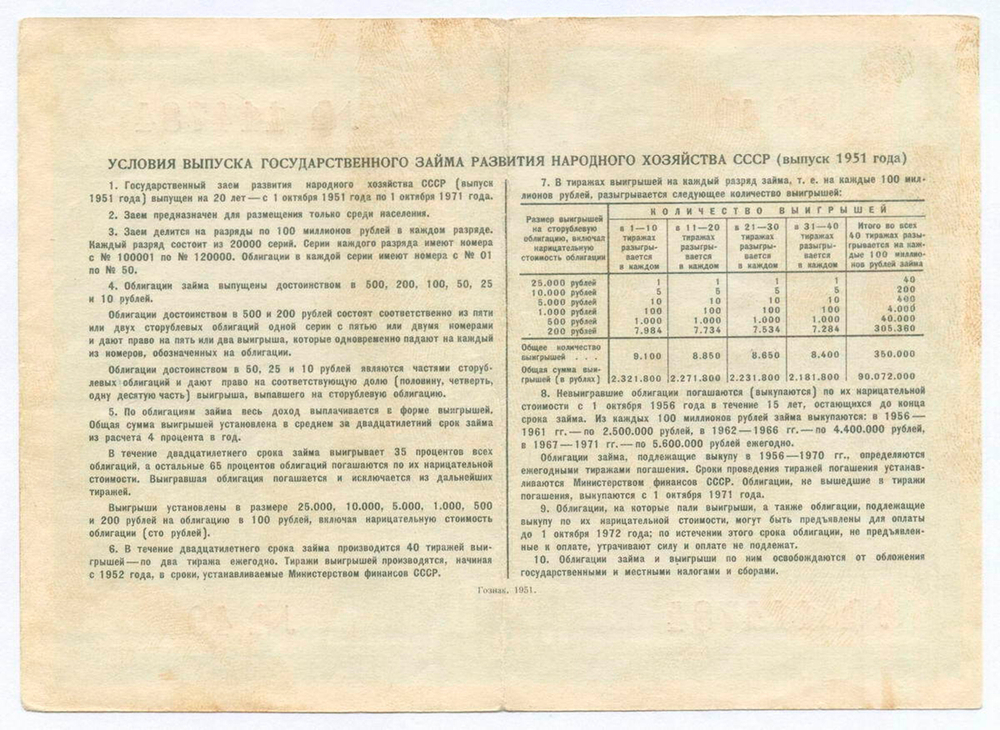 Облигация 100 рублей 1951 год. Серия № 114784. F-VF