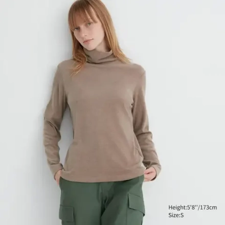 UNIQLO ТОП ИЗ ФЛИСА HEATTECH С ВЫСОКИМ ВОРОТНИКОМ И ДЛИННЫМИ РУКАВАМИ, БЕЖЕВЫЙ