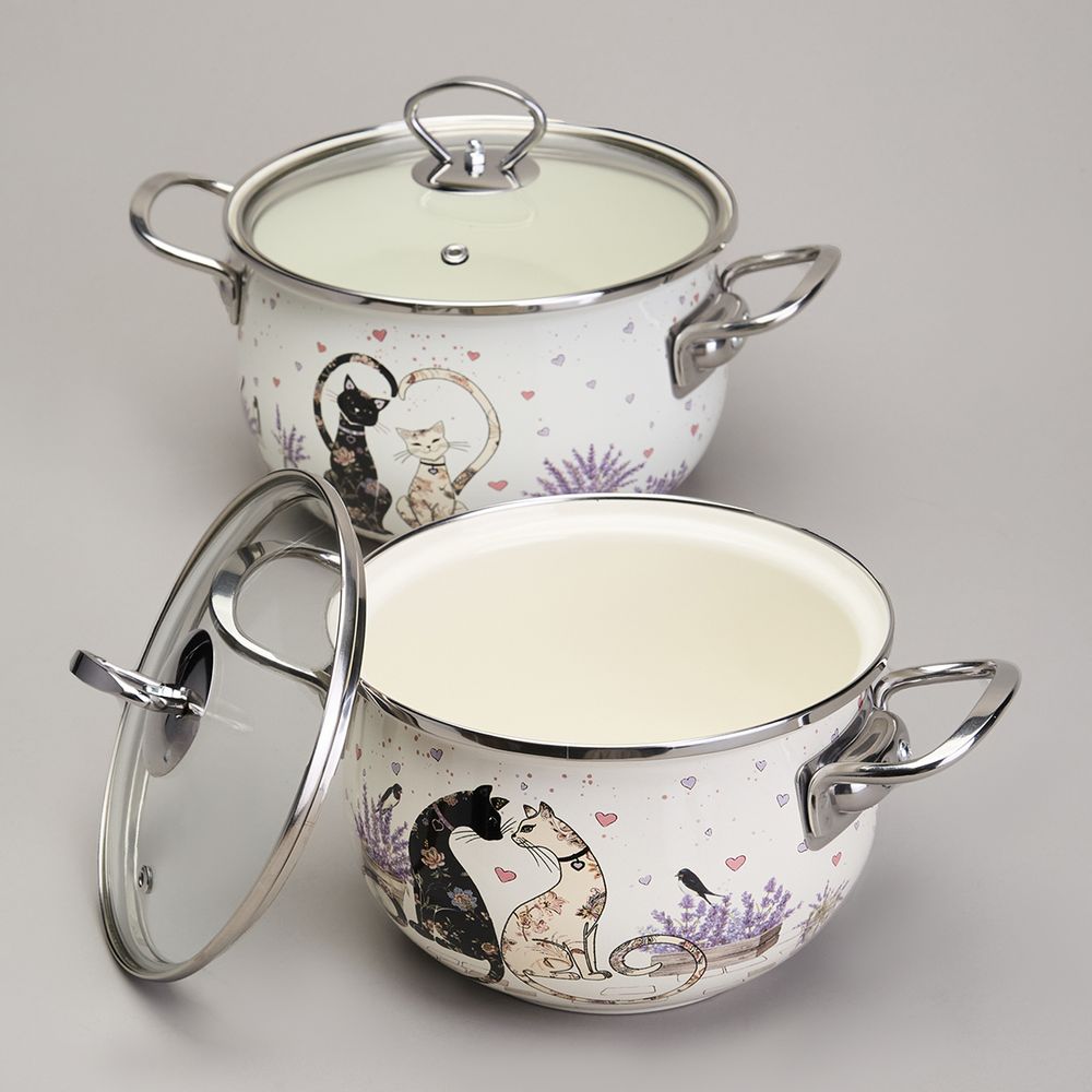 НАБОР КАСТРЮЛЬ ЭМАЛИРОВАННЫЙ, СЕРИЯ "LAVENDER CATS" 4ПР. 2,0/2,8Л ДИА.18/20СМ