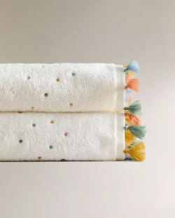 ZARA HOME ДЕТСКОЕ ПОЛОТЕНЦЕ С КИСТОЧКАМИ, ЖЕЛТОВАТО-БЕЛЫЙ