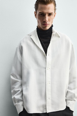 ZARA РУБАШКА СТРУЯЩЕГОСЯ КРОЯ В ПОЛОСКУ, БЕЛЫЙ