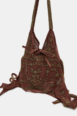 ZARA СУМКА-МЕШОК С БЛЕСТКАМИ, БОРДОВО-КРАСНЫЙ