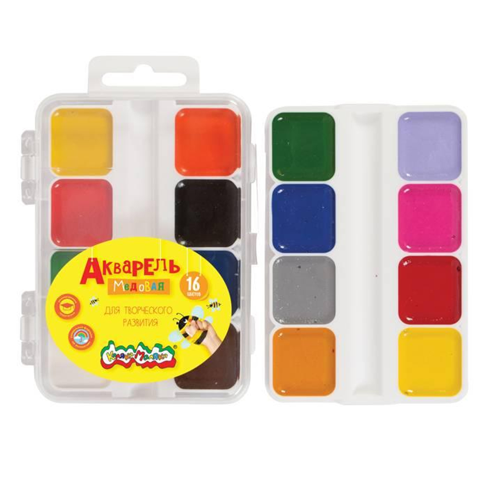 Акварель медовая 16 цветов, без кисти, пластик (Каляка-маляка)