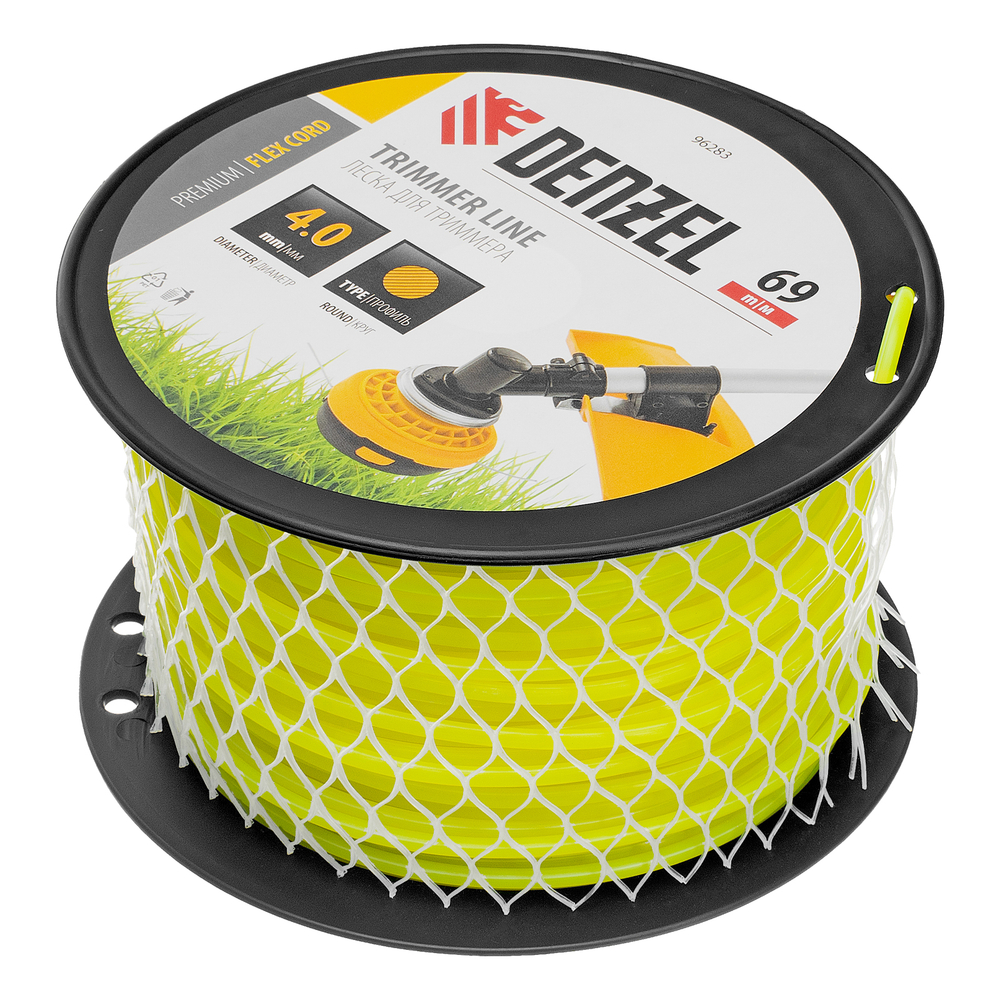 Леска для триммера круглая, 4,0мм х 69м, на DIN катушке FLEX CORD,  Denzel