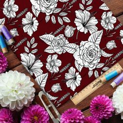 Ткань мембрана рисунок белых роз на бордовом фоне