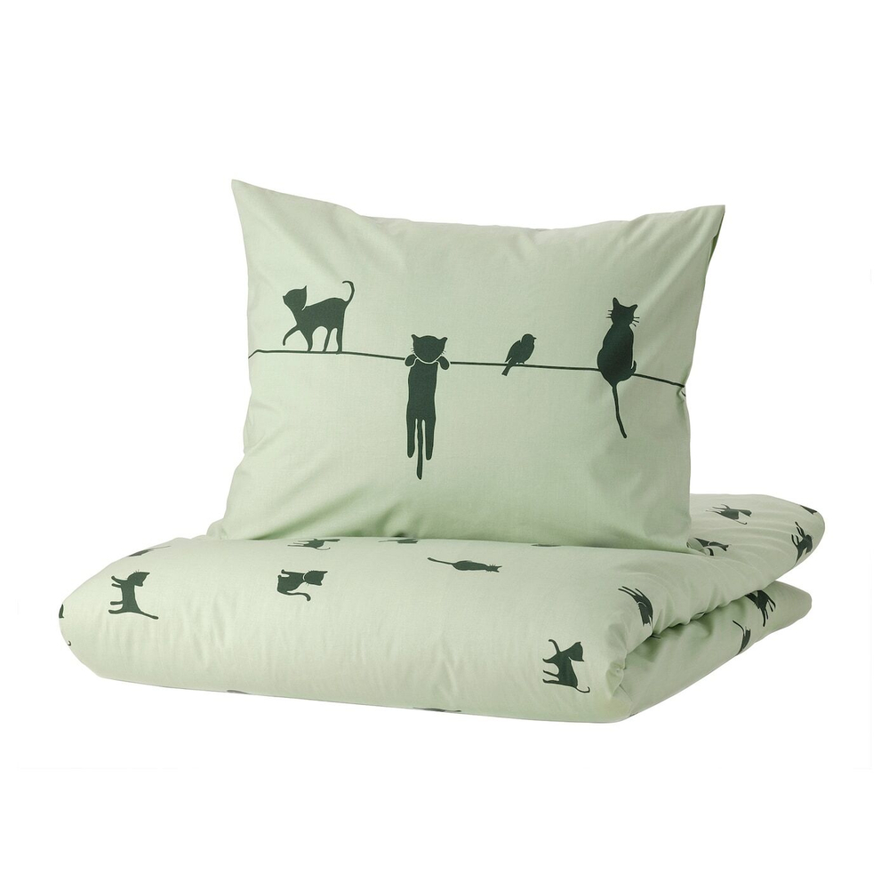 IKEA BARNDRÖM  (ИКЕА БАРНДРÖМ)  -  Пододеяльник и наволочка, рисунок кошки/зеленый, 150x200/50x60 см