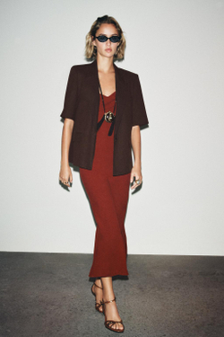 ZARA БЛЕЙЗЕР ИЗ ЛЬНА С КОРОТКИМИ РУКАВАМИ, КОРИЧНЕВЫЙ