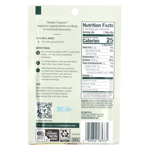 Simply Organic, смесь приправ для тако, 3 пакетика по 32 г (1,13 унции)