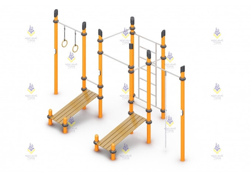 Воркаут «3 турника с канатом, шведская стенка, кольца и 2 скамьи для пресса»
