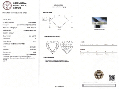 Лабораторно-выращенный бриллиант сердце 7.53 х 8.80 х 5.37 мм D/VVS2 2.08 ct
