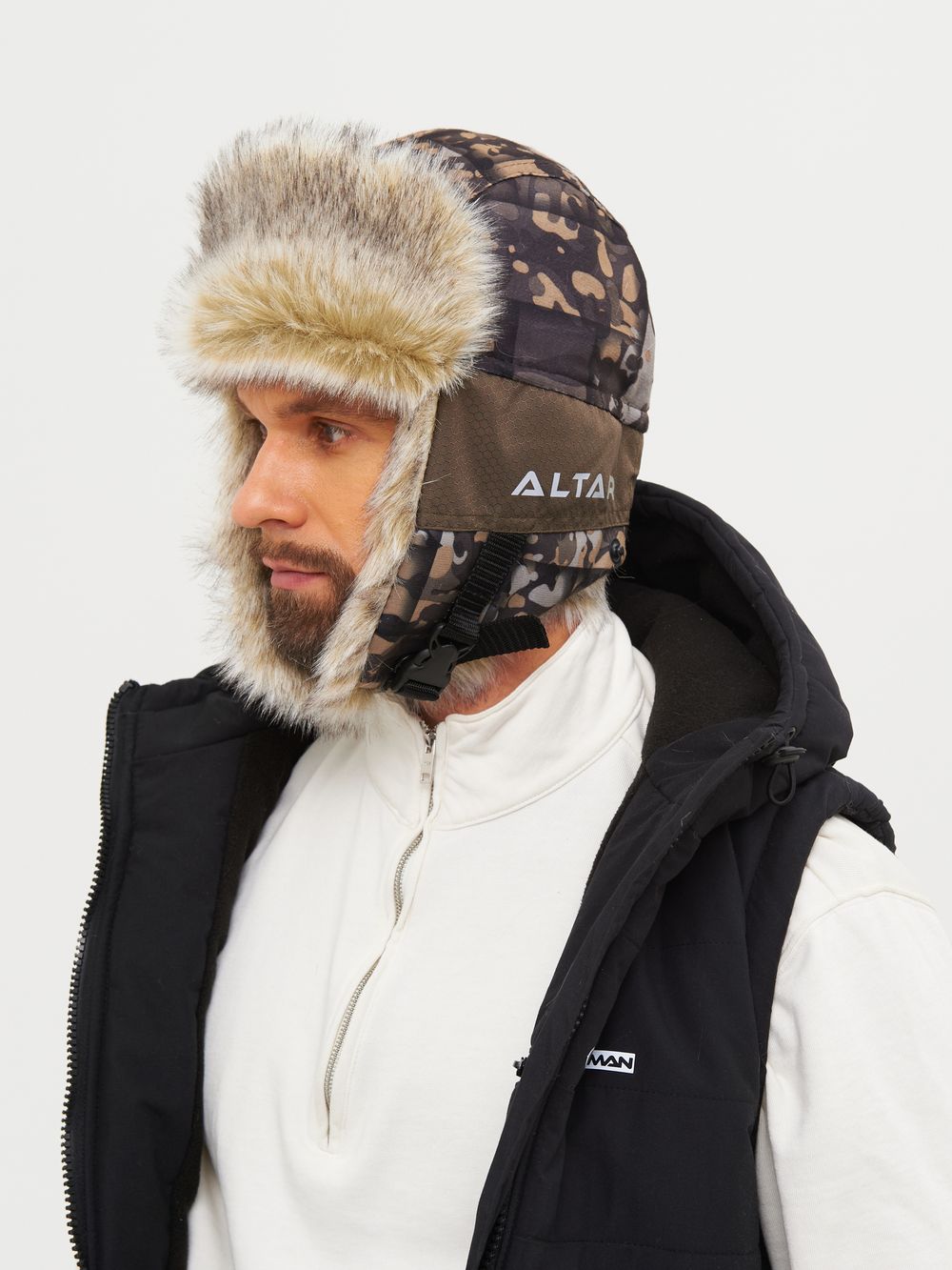 Шапка ушанка зимняя Альтаир с маской ткань Alova цвет КМФ 005 (переплетение хаки)
