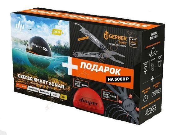 Новогодний набор Deeper PRO+ с крышкой для ночной рыбалки, держателем для смартфона и мультитулом Gerber