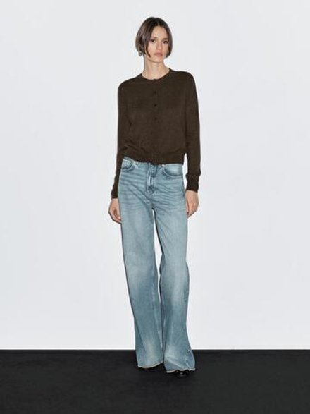 Massimo Dutti Кардиган из смесовой шерсти с круглым вырезом, шоколадный