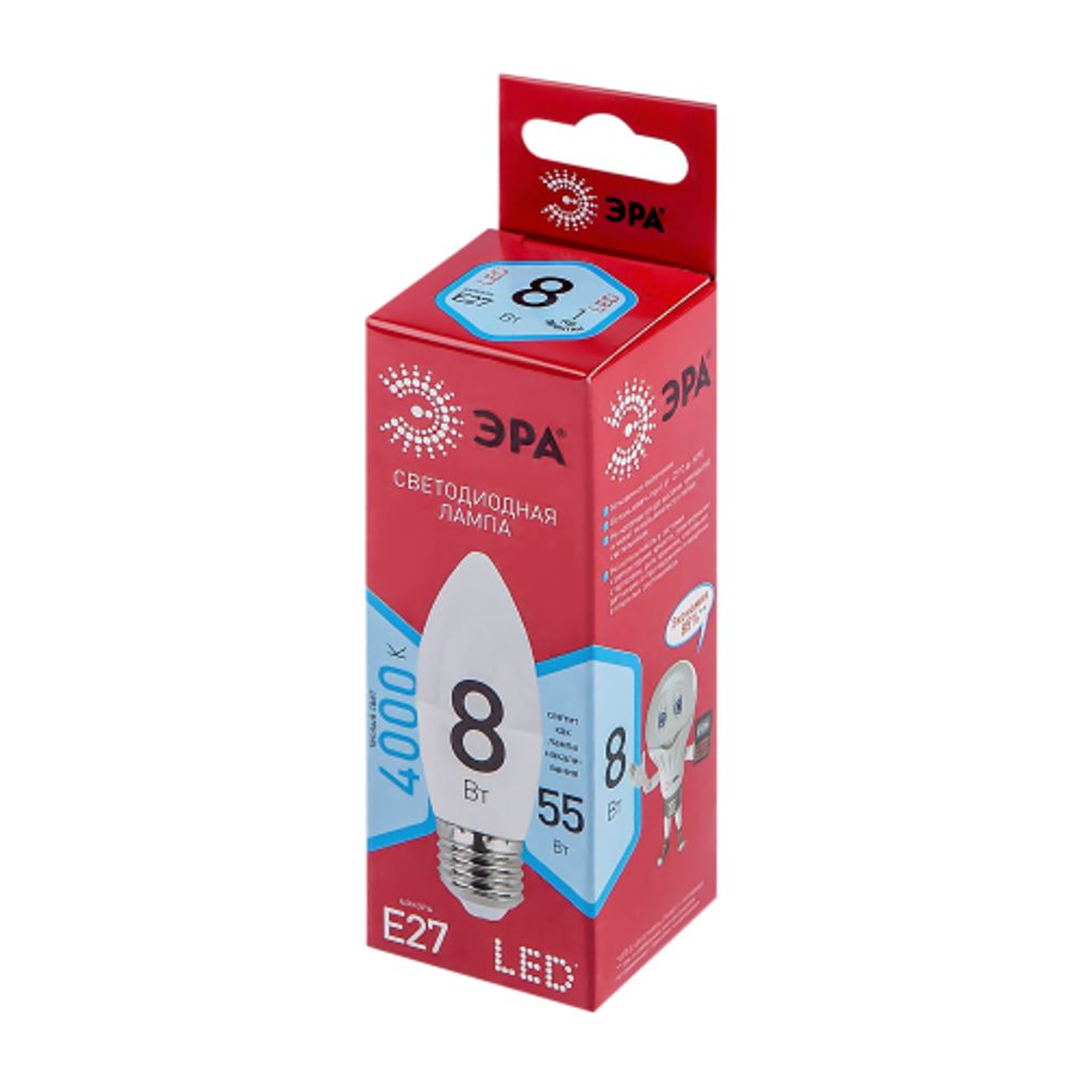 Лампа светодиодная ЭРА RED LINE LED B35-8W-840-E27 R 8Вт свеча нейтральный белый свет Е27 | Лампы cветодиодные Свеча (B/C)
