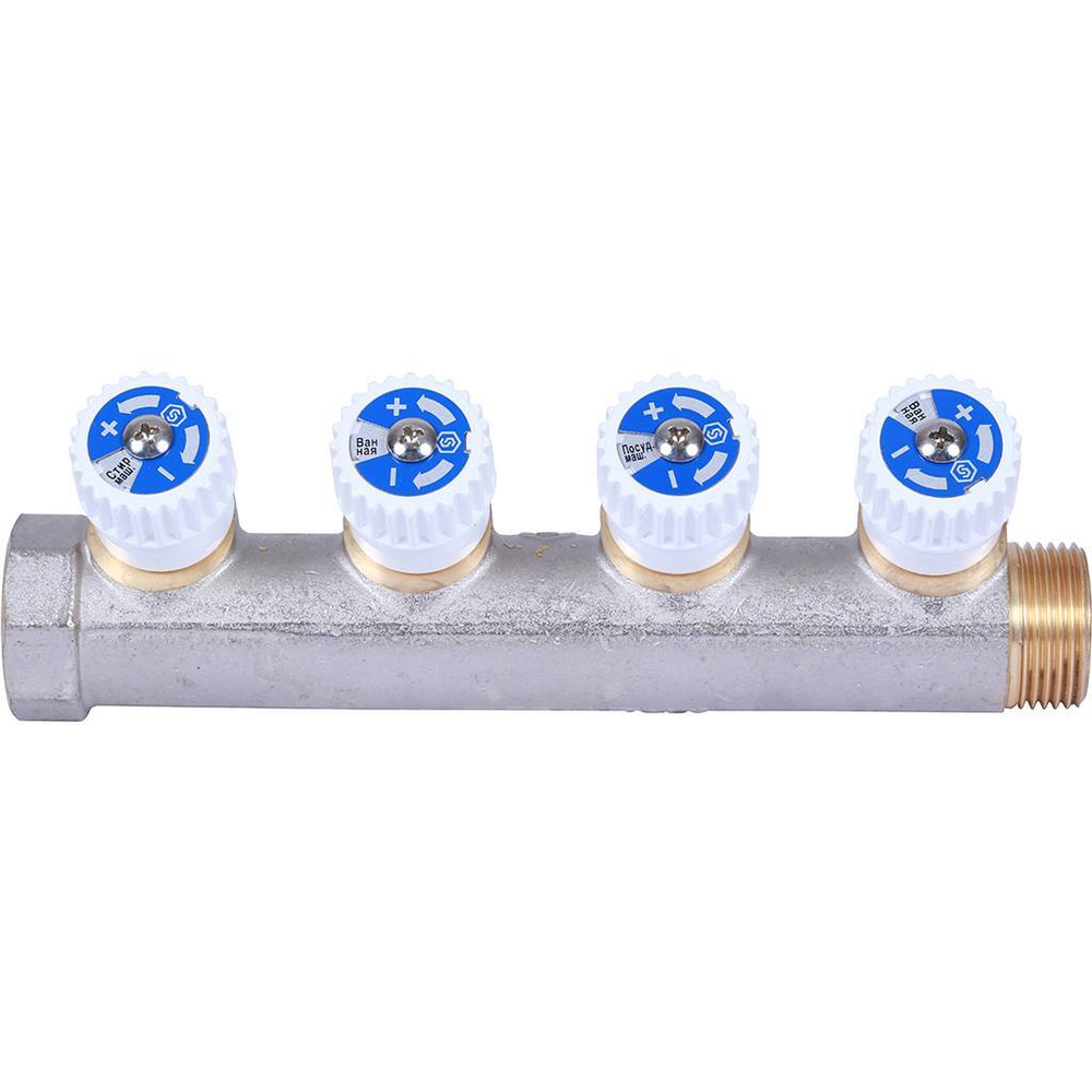Коллектор распределительный  3/4", 4 отвода 1/2" плоское уплотнение