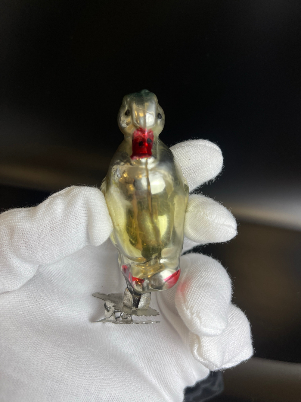 Ёлочная игрушка "Утка Серая Шейка" на прищепке советская стекло, скол, винтаж СССР 1950-1980 гг