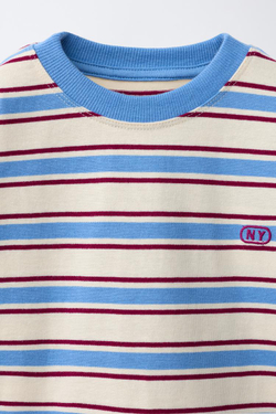 ZARA ФУТБОЛКА В ПОЛОСКУ С ВЫШИТЫМ ЛОГОТИПОМ, ЭКРЮ/СИНИЙ