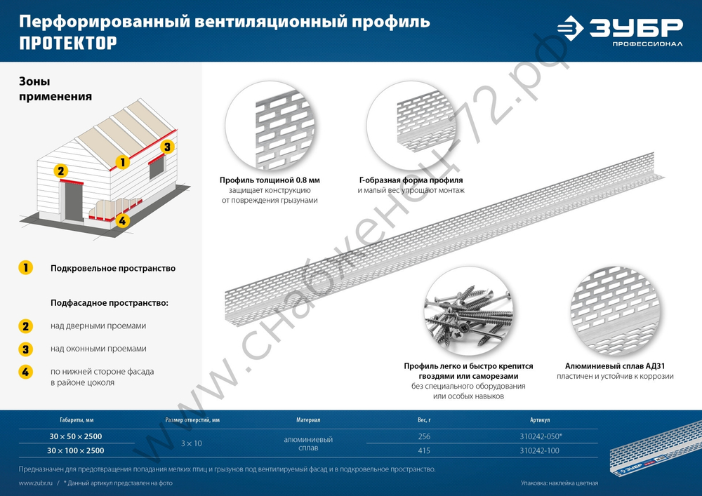 ЗУБР ПРОТЕКТОР 100 х 30 х 0.8 мм, 2,5 м, перфорированный вентиляционный профиль алюм. (310242-100)