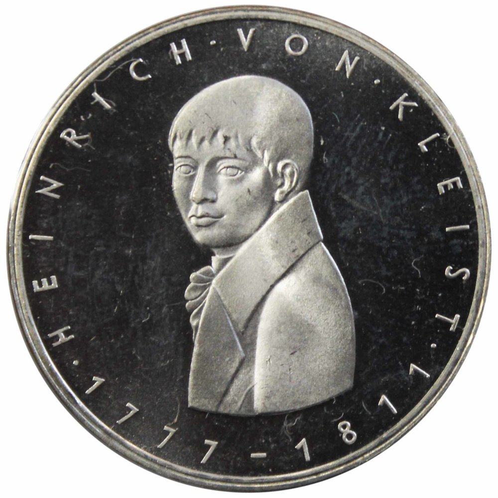 5 марок. 200 лет со дня рождения Генриха фон Клейста. Германия. (G). Серебро. 1977 год. PROOF