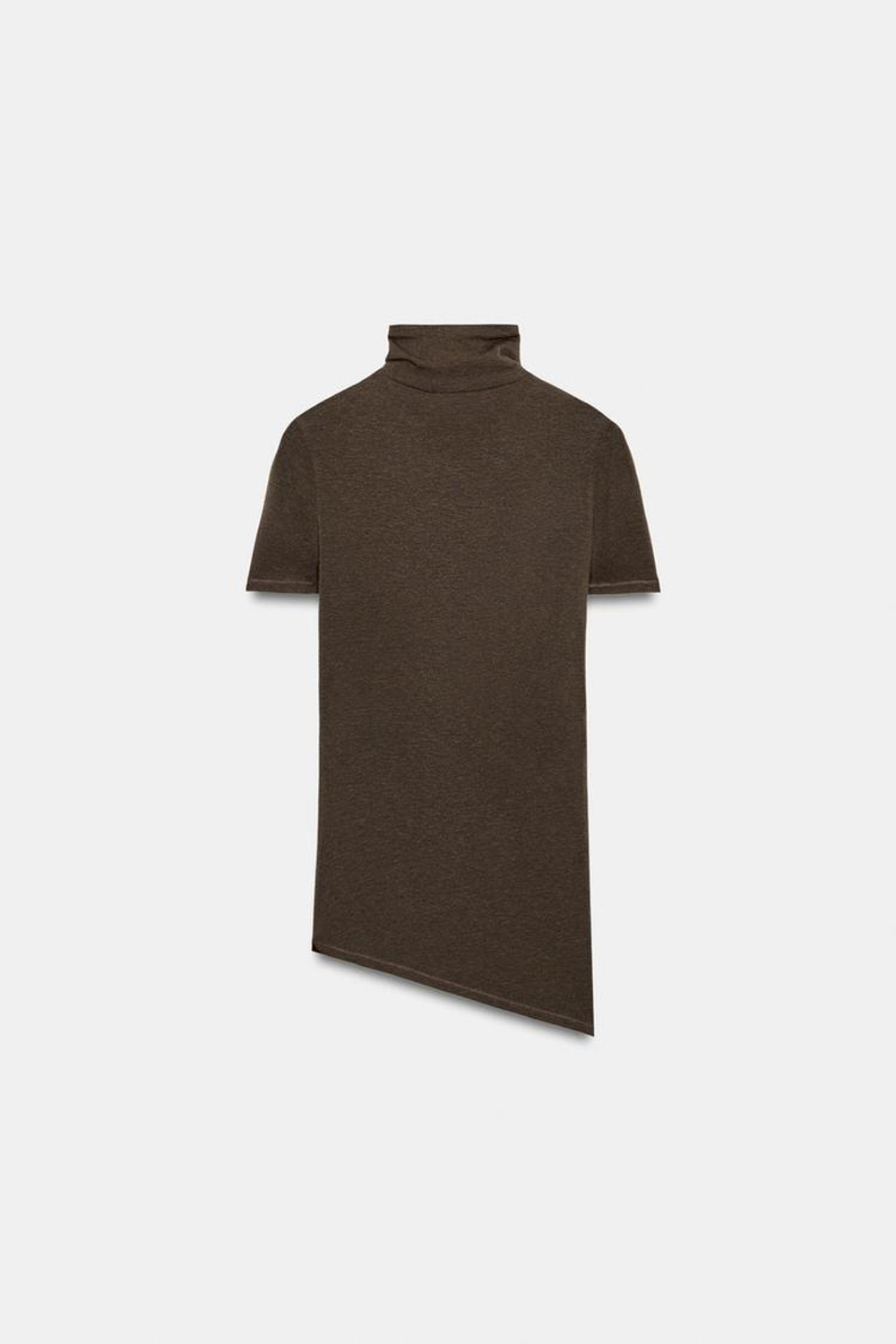 ZARA ФУТБОЛКА АСИММЕТРИЧНОГО КРОЯ С ВЫСОКИМ ВОРОТНИКОМ, КОРИЧНЕВЫЙ