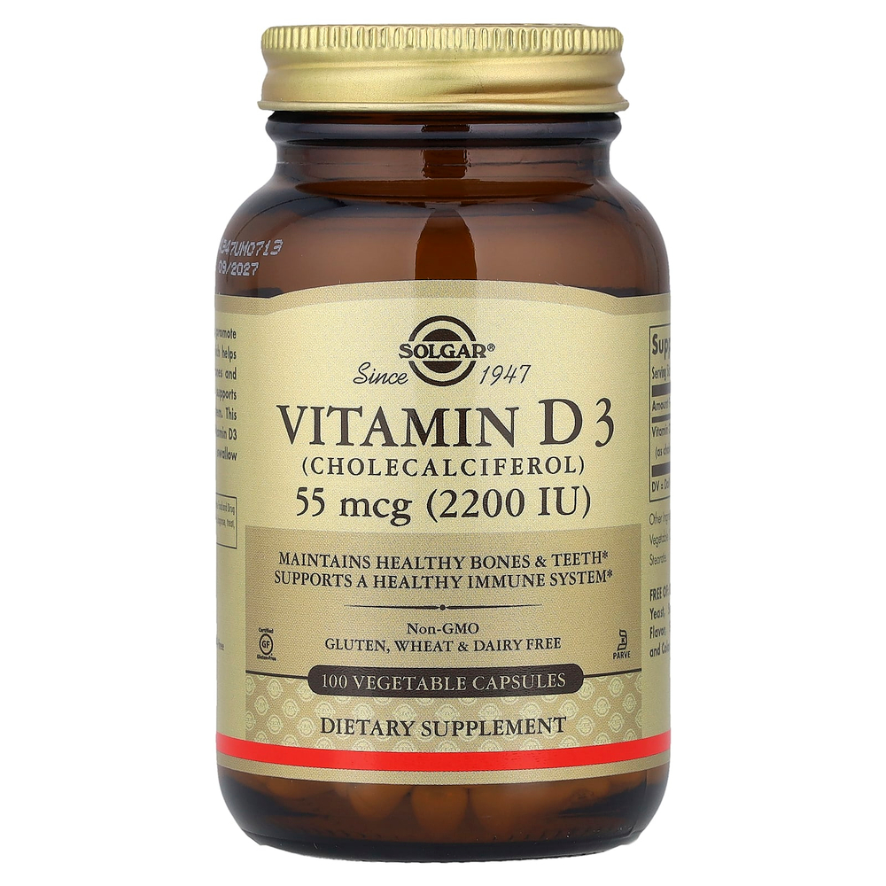 Solgar, витамин D3, 55 мкг (2200 МЕ), 100 растительных капсул