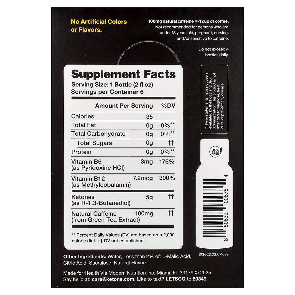 Ketone-IQ, Energy Shot, персик, 6 флаконов по 59 мл (2 жидк. унции)