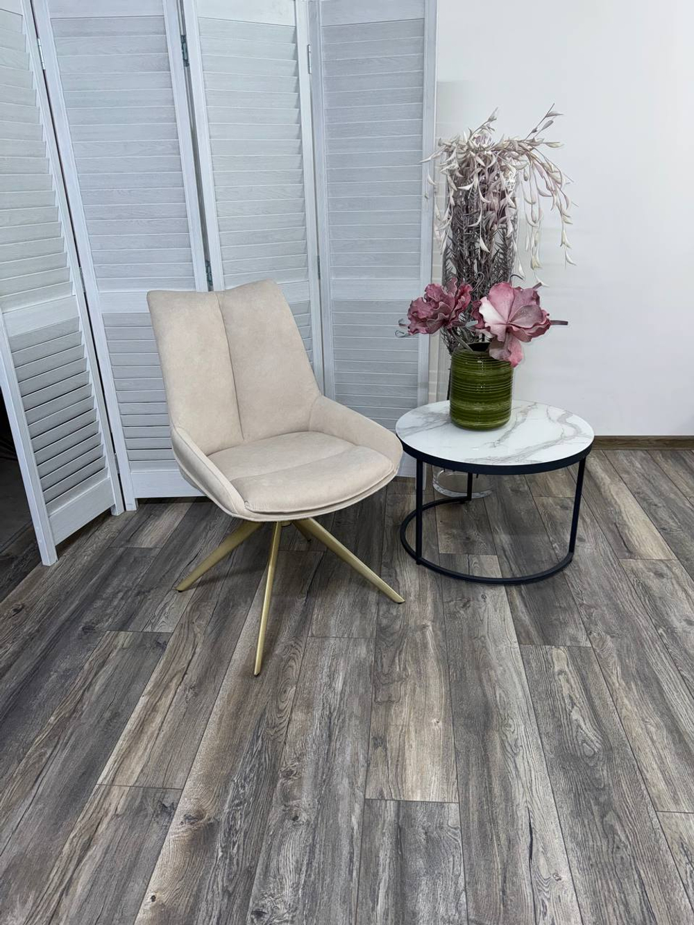 Стул ОСКАР (OSKAR) 360 град, цвет КРЕМОВЫЙ (RIELY-111/PRESENT-120), ткань / ШАМПАНЬ каркас, ®DISAUR