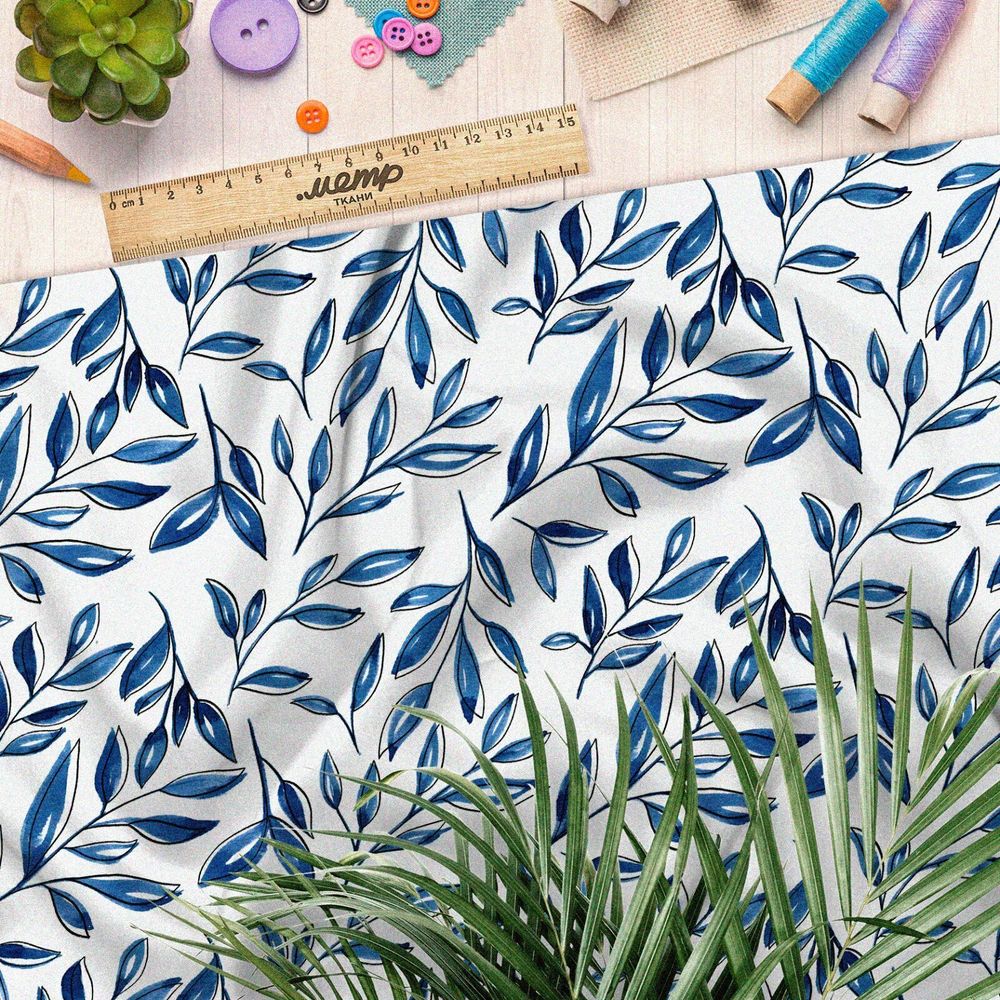 Ткань габардин утончённые листья синие