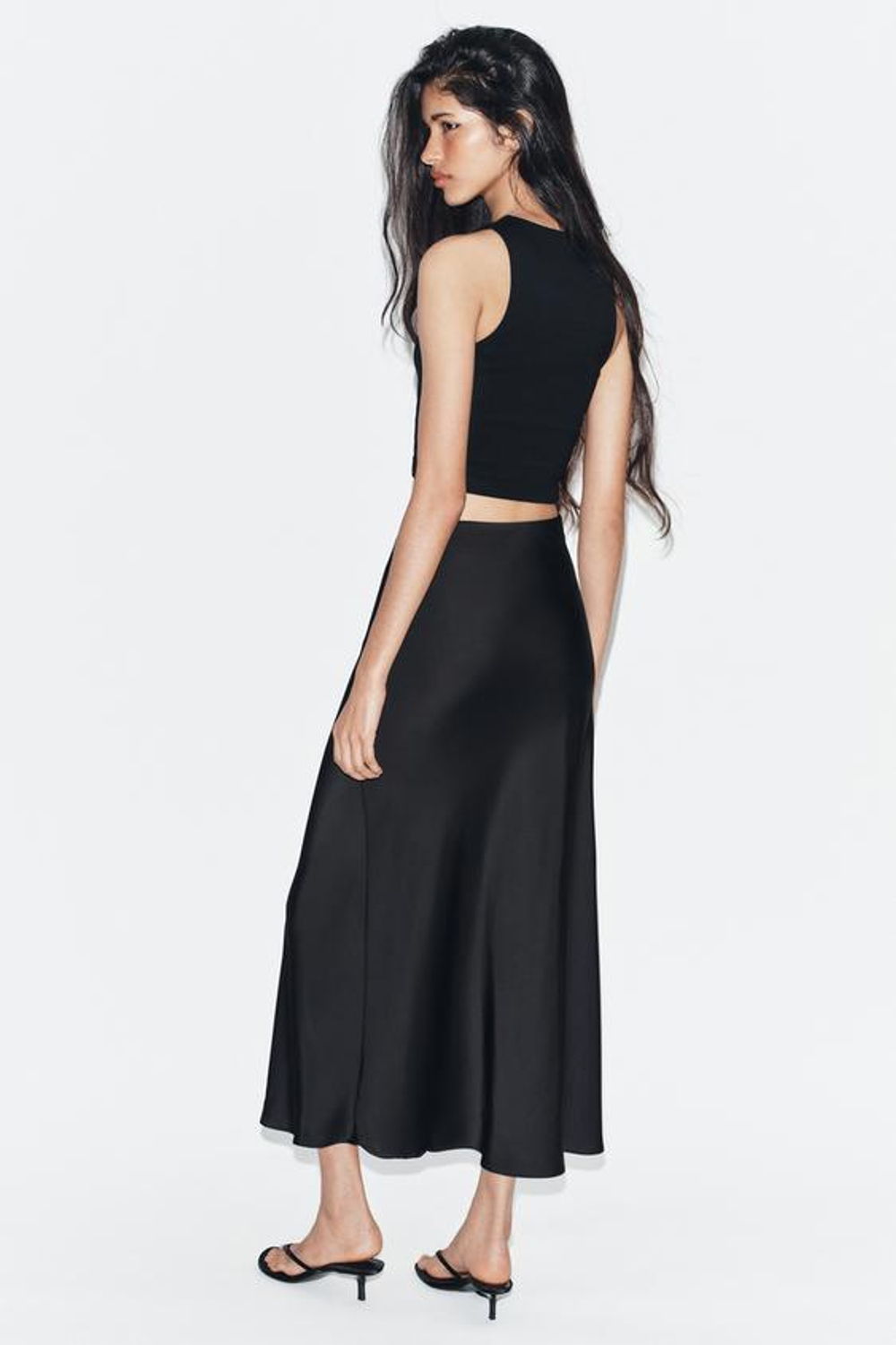 ZARA АТЛАСНАЯ ЮБКА МИДИ, ЧЕРНЫЙ