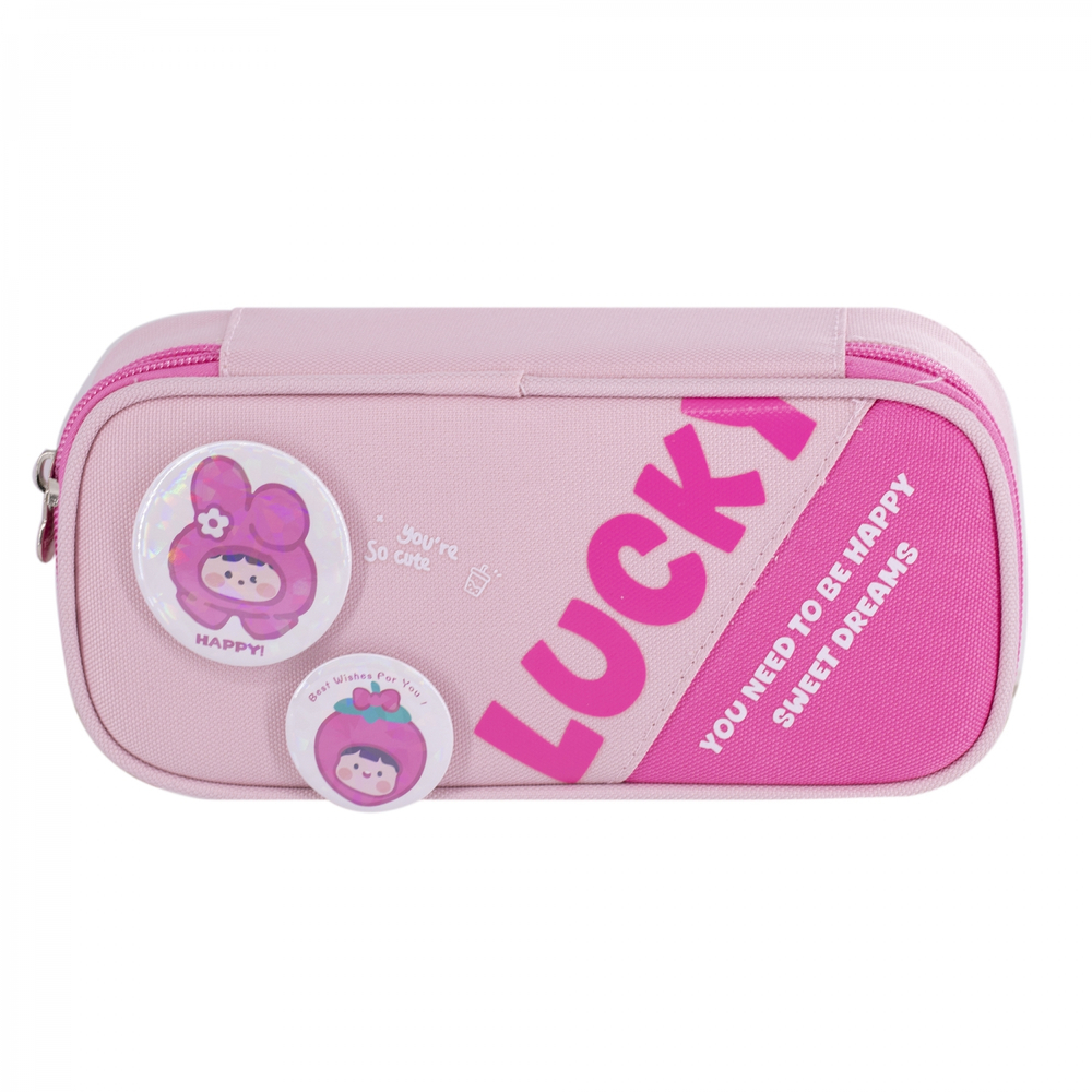 Пенал - косметичка Alingar, ткань, молния, 1 откидная планка, 2 значка, 210 х 90 х 45 мм, "LUCKY", микс (св-роз, розовый, фиолет), европодвес