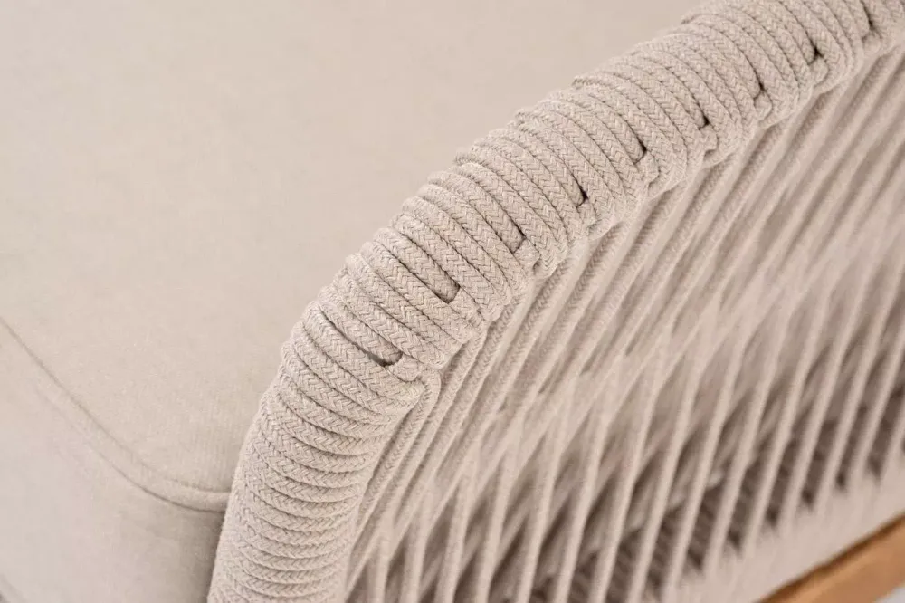 "Канны" левый модуль плетеный из роупа, основание дуб, роуп бежевый круглый, ткань бежевая 052