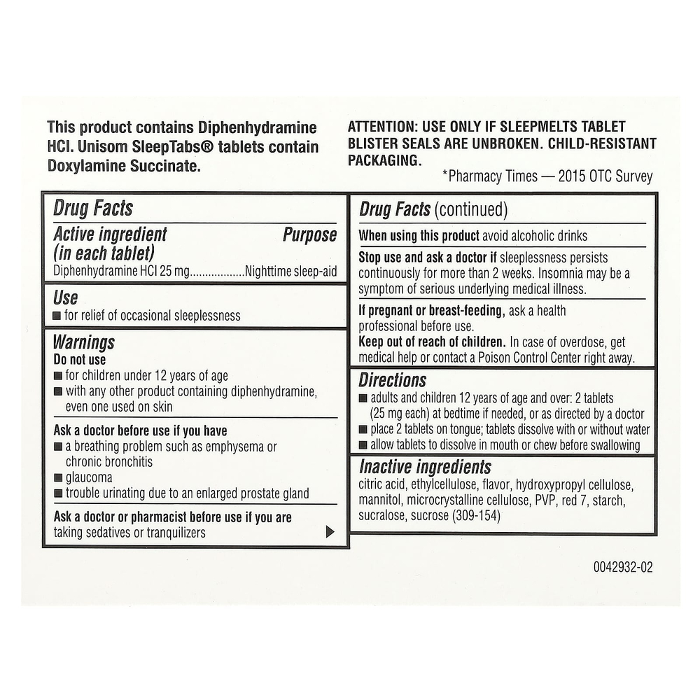 Unisom, SleepMelts, ночное средство для сна, вишня, 25 мг, 24 таблетки (15 мг в каждой таблетке)