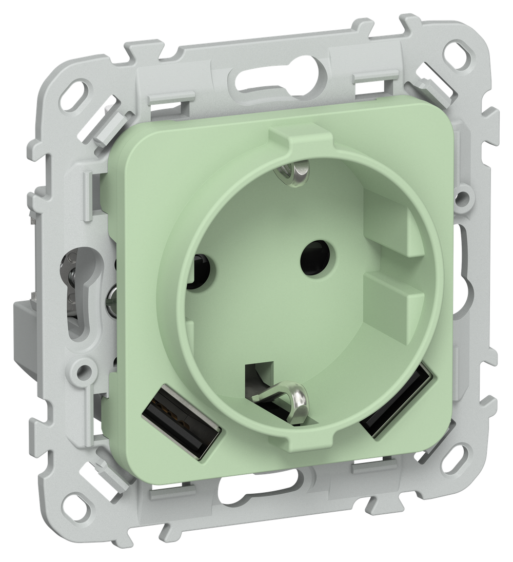 FLITE Розетка 1-местная с заземлением с защитными шторками 16А с USB A+A 3,1А РСЮша11-0-ФлФ фисташковый IEK