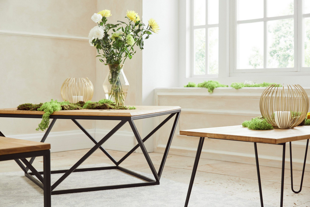 Стол журнальный 100х100х45, Детлиф, с металлическим подстольем, в стиле лофт, массив дуба, Dipriz