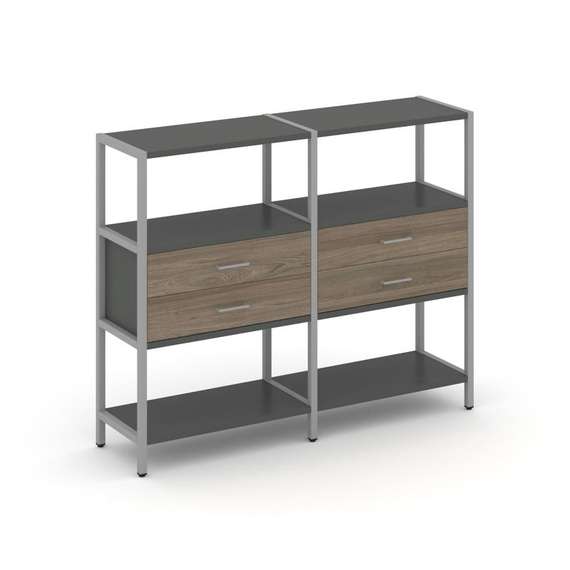 Shelf System Двухсекционный стеллаж трехярусный с ящиками SN.STM-322 Антрацит/Вяз Благородный/Металл