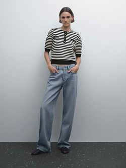 Massimo Dutti Свитер в полоску с короткими рукавами, темно-синий