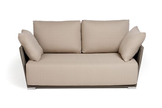 "Форли" диван 2-местный плетеный из роупа, каркас алюминий светло-серый (RAL7035) муар, роуп серо-коричневый 23мм, ткань Mossle бежевая