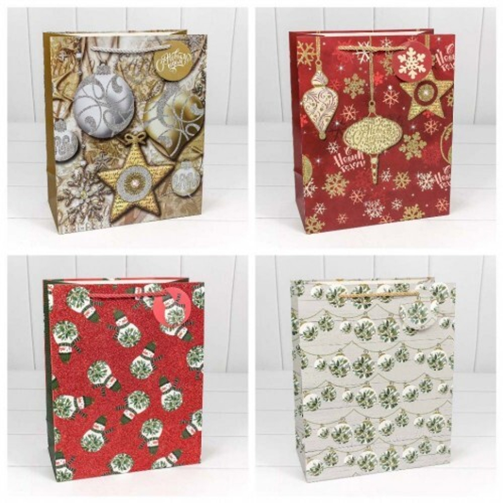 Пакет подарочный 33 х 45 х 15 см Набор 4 шт "Новый год" х блеском (Микс)