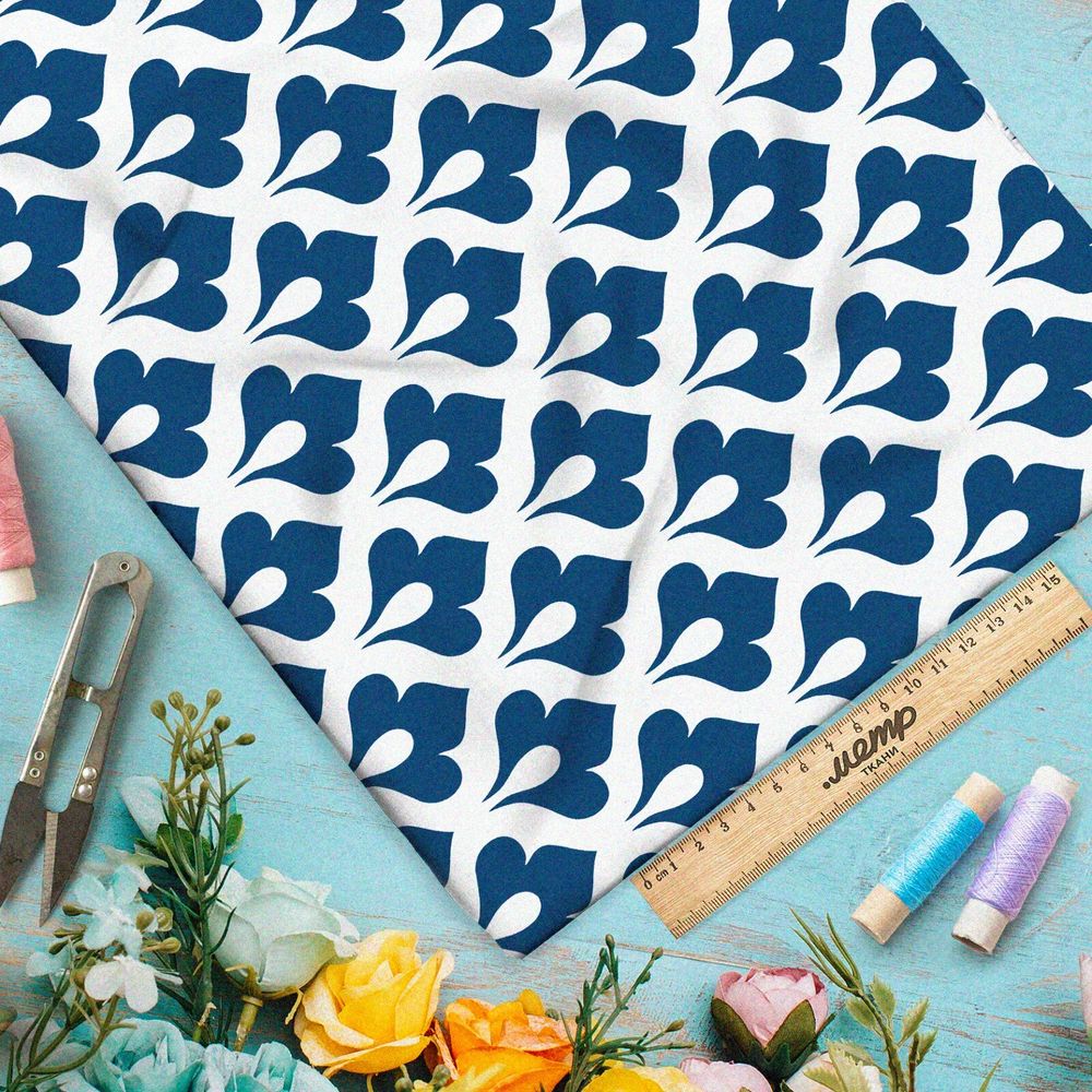 Ткань лён синий королевский узор